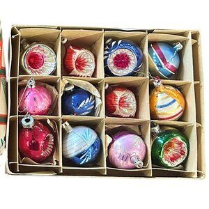 Vintage Christmas Festive Glass Indent & Round Ornaments – Set of 12, Boxed